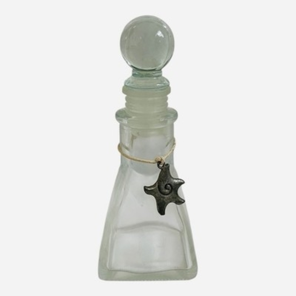 Small Clear Glass Bottle Ball Stopper Silver Star Charm Decorative 5"  VG